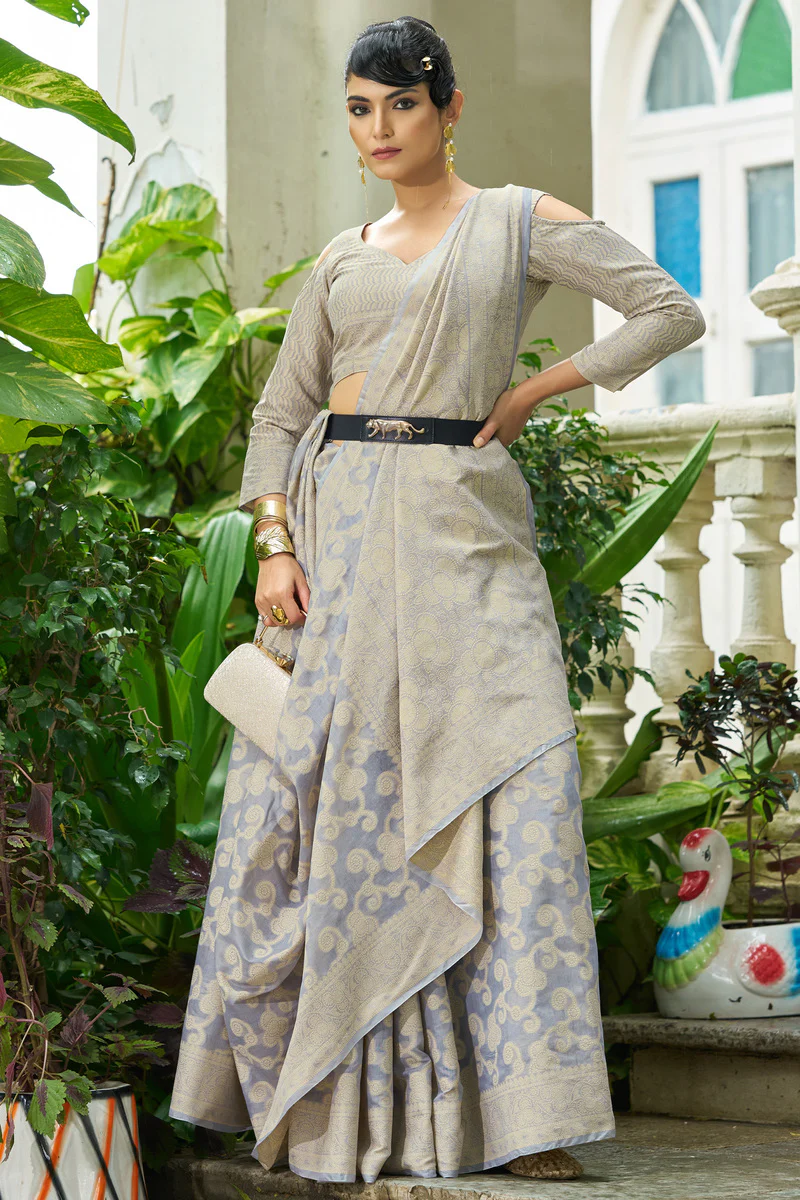 Supernal Grey Lucknowi Silk Saree With Glittering Blouse Piece - Image 6
