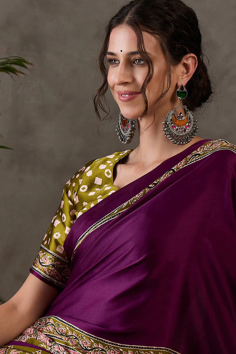 Supernal Purple Ajrakh Printed Semi Modal Silk Saree With Resplendent Blouse Piece - Image 2