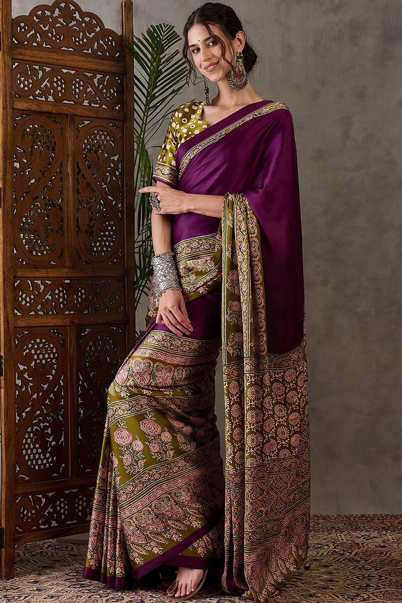 Supernal Purple Ajrakh Printed Semi Modal Silk Saree With Resplendent Blouse Piece - Image 3