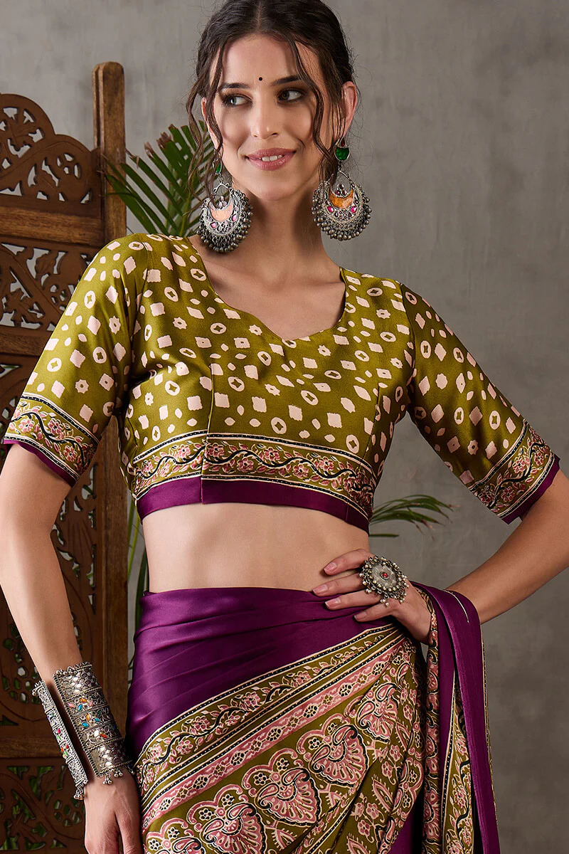 Supernal Purple Ajrakh Printed Semi Modal Silk Saree With Resplendent Blouse Piece - Image 4