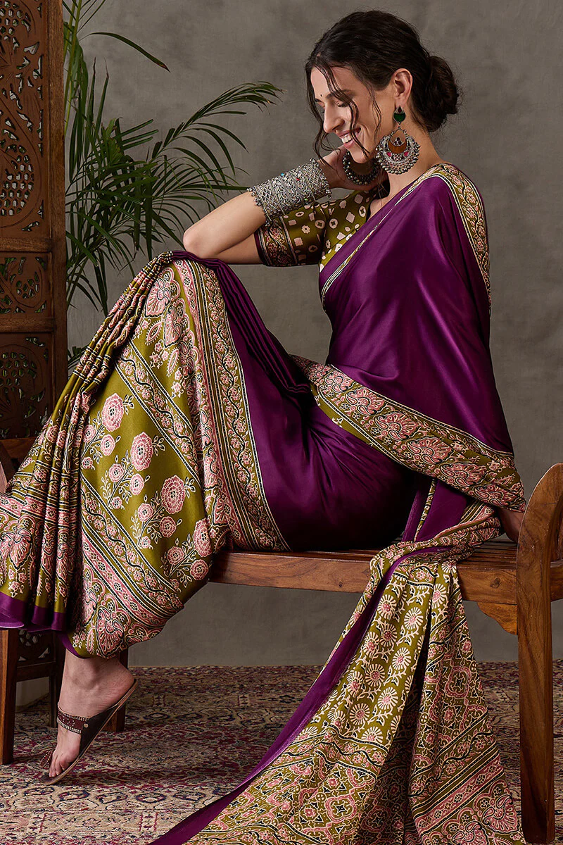 Supernal Purple Ajrakh Printed Semi Modal Silk Saree With Resplendent Blouse Piece - Image 5