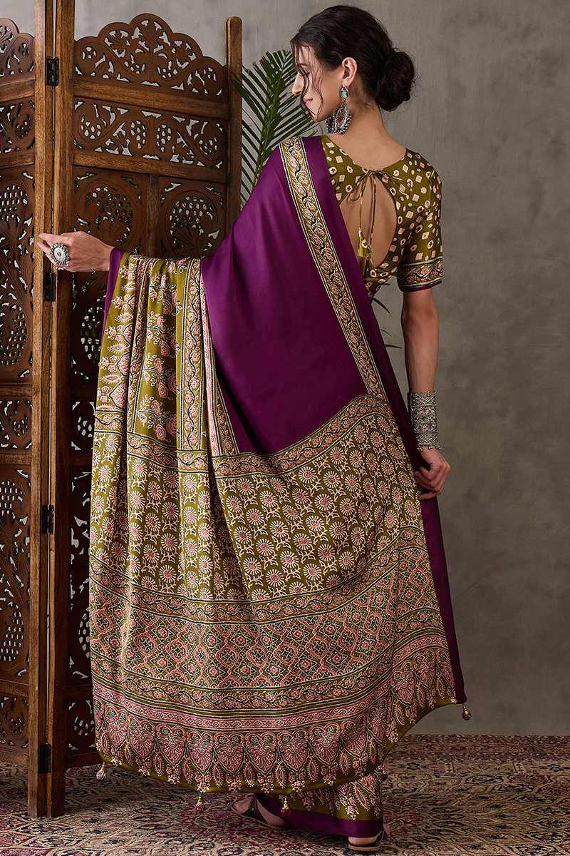 Supernal Purple Ajrakh Printed Semi Modal Silk Saree With Resplendent Blouse Piece - Image 7