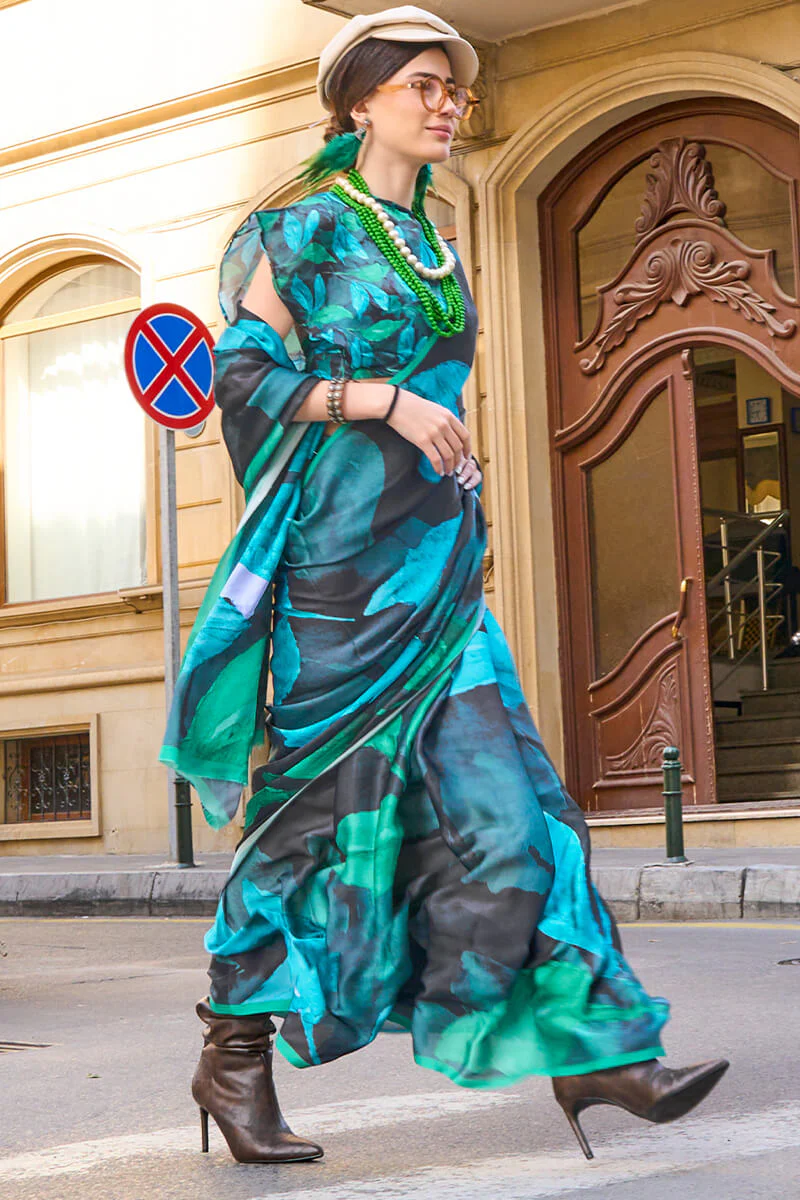 Surpassing Black Digital Printed Satin Silk Saree With Desiring Blouse Piece - Image 2