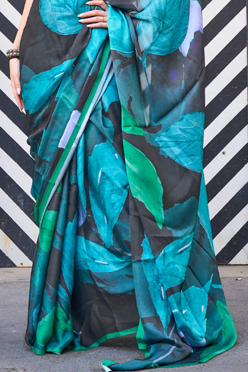 Surpassing Black Digital Printed Satin Silk Saree With Desiring Blouse Piece - Image 3