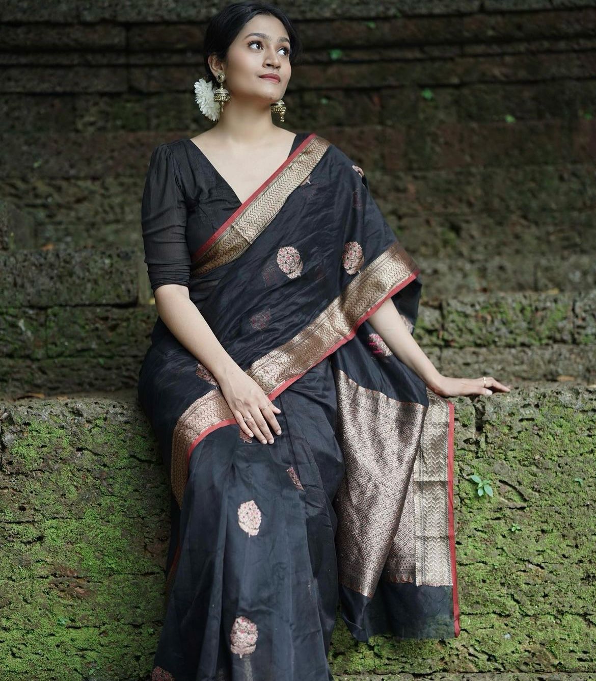 Surpassing Black Soft Silk Saree With Embellished Blouse Piece - Image 4