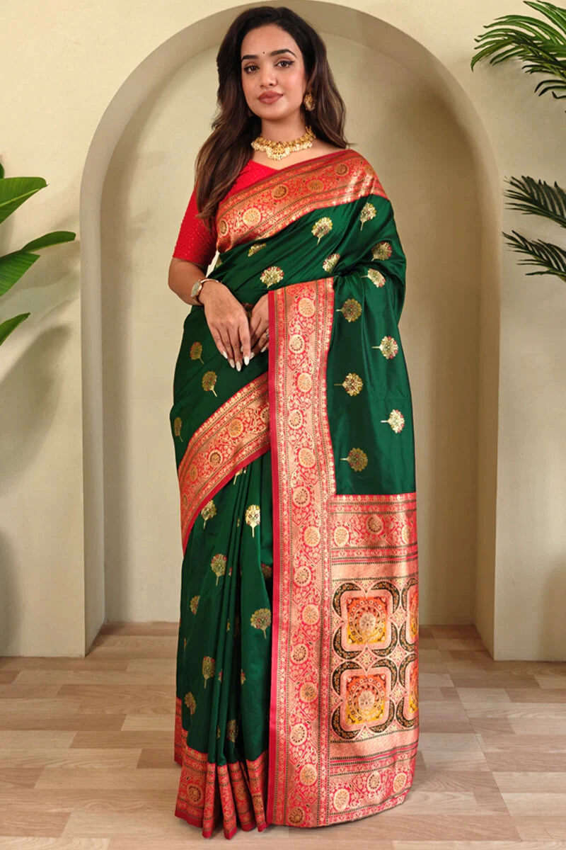 Surpassing Dark Green Soft Banarasi Silk Saree With Ravishing Blouse Piece