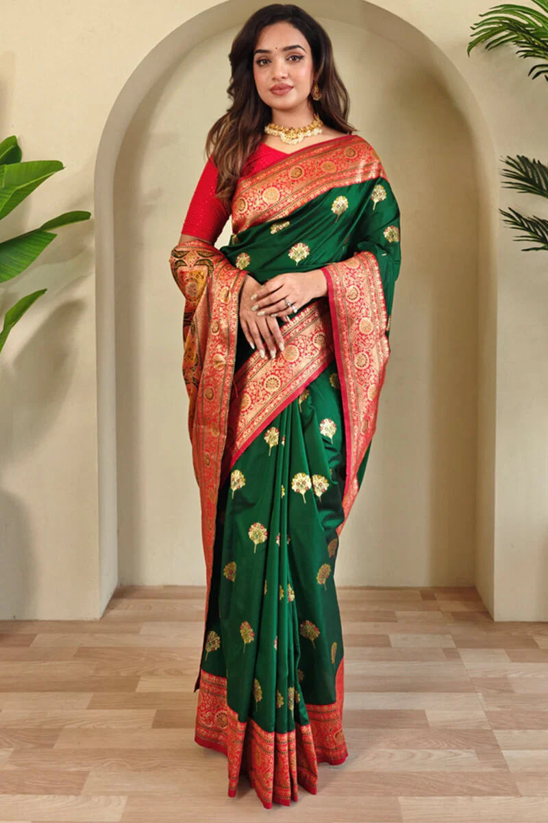 Surpassing Dark Green Soft Banarasi Silk Saree With Ravishing Blouse Piece - Image 4