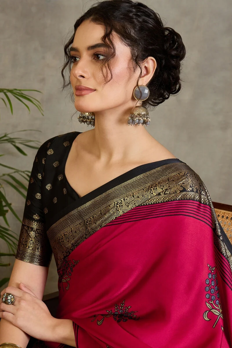 Surpassing Dark Pink Ajrakh Printed Semi Modal Silk Saree With Imaginative Blouse Piece - Image 2