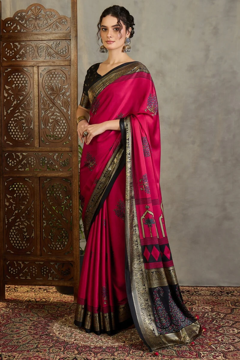 Surpassing Dark Pink Ajrakh Printed Semi Modal Silk Saree With Imaginative Blouse Piece - Image 3