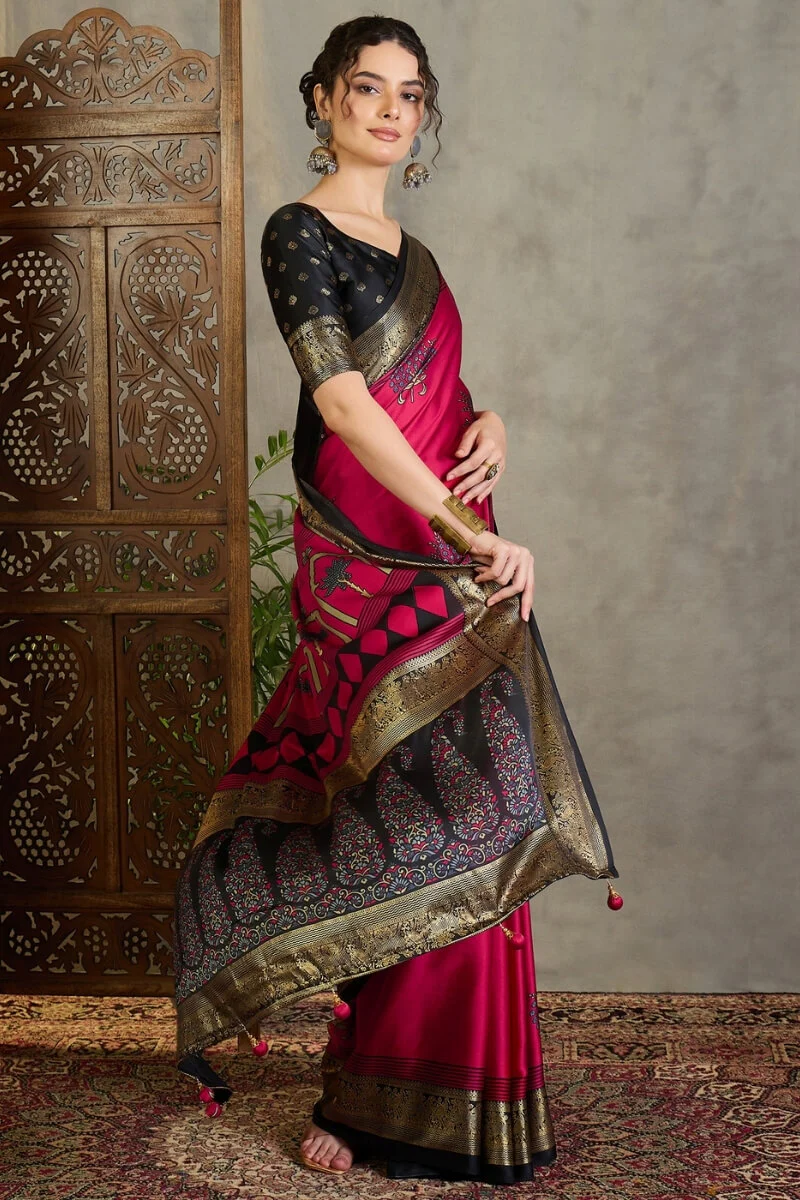 Surpassing Dark Pink Ajrakh Printed Semi Modal Silk Saree With Imaginative Blouse Piece - Image 5