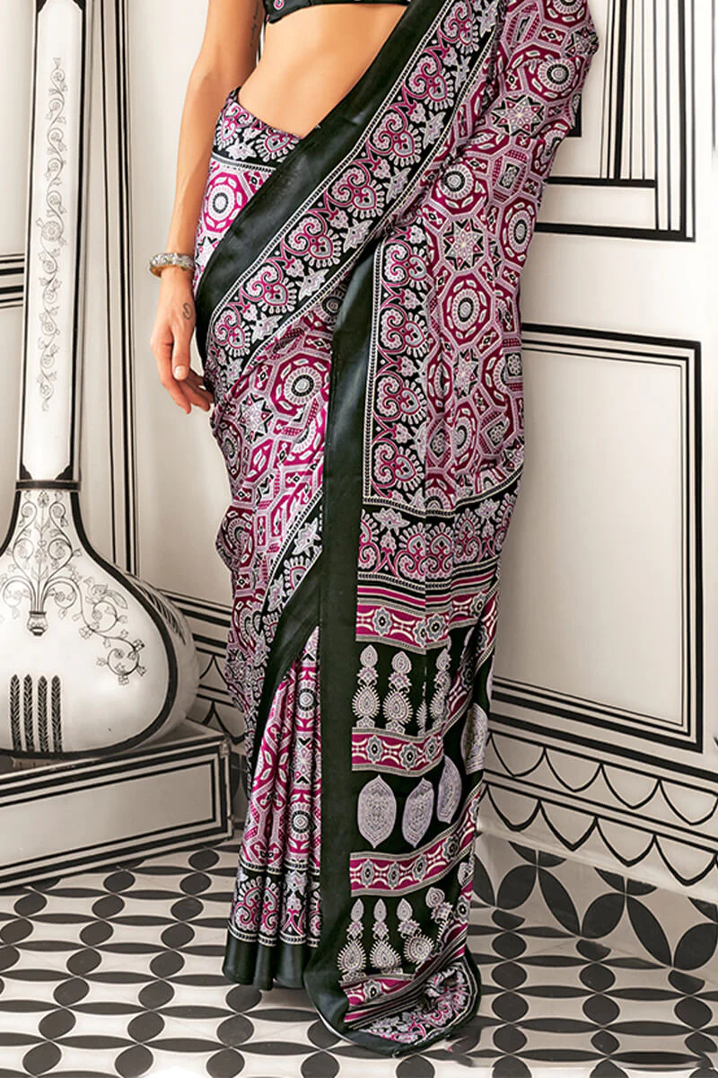 Surpassing Dark Pink Digital Printed Satin Silk Saree With Blissful Blouse Piece - Image 3