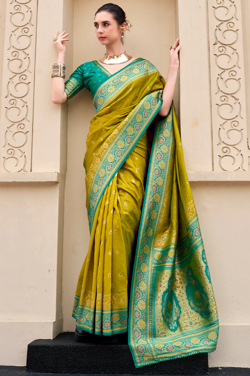 Surpassing Mehndi Soft Banarasi Silk Saree With Tantalizing Blouse Piece - Image 2