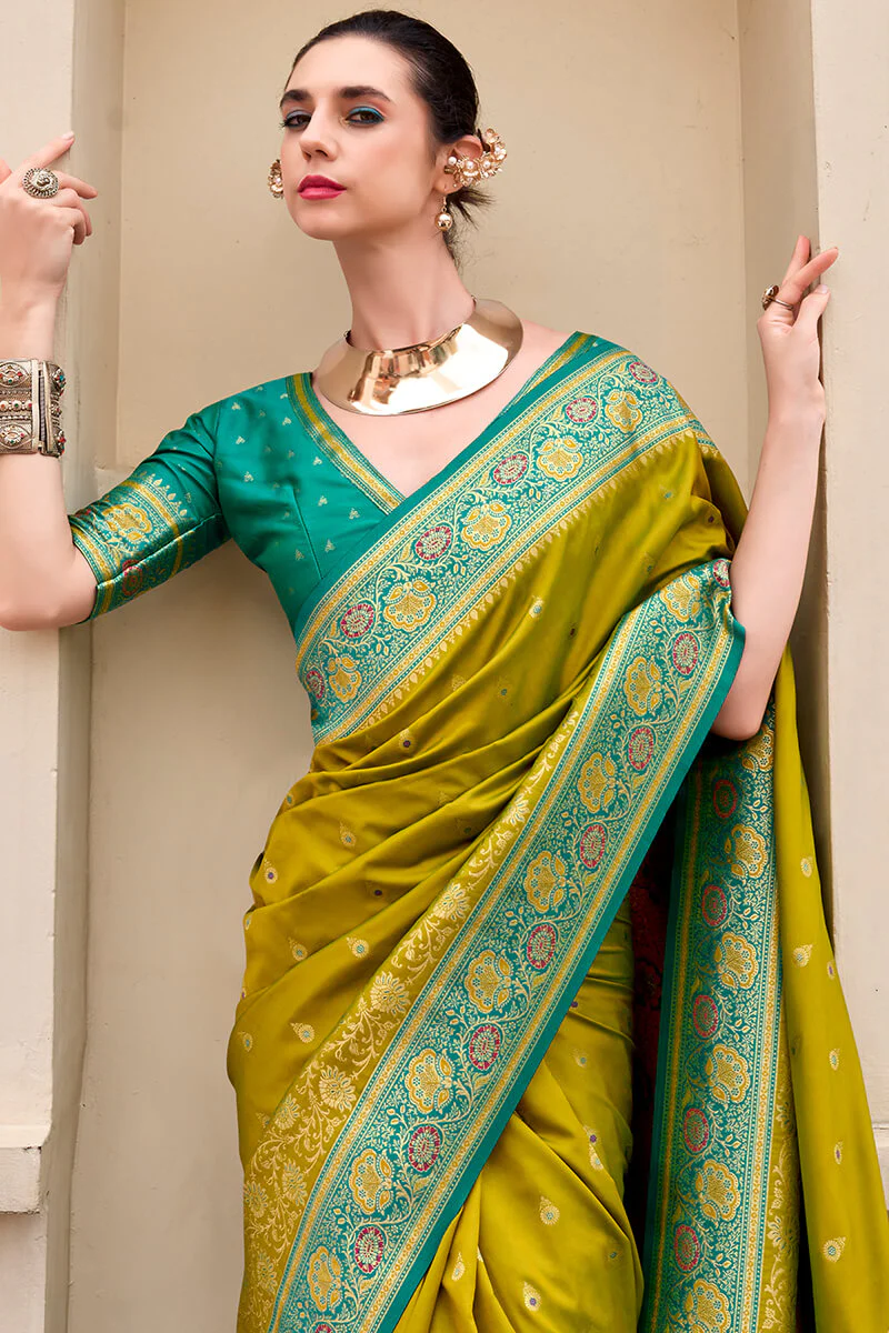 Surpassing Mehndi Soft Banarasi Silk Saree With Tantalizing Blouse Piece - Image 4