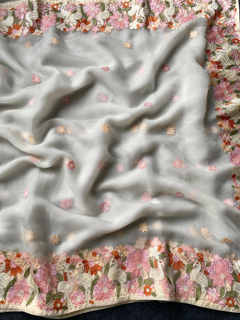 Surpassing Off White Embroidery Work Chiffon Silk Saree With Staring Blouse Piece - Image 2