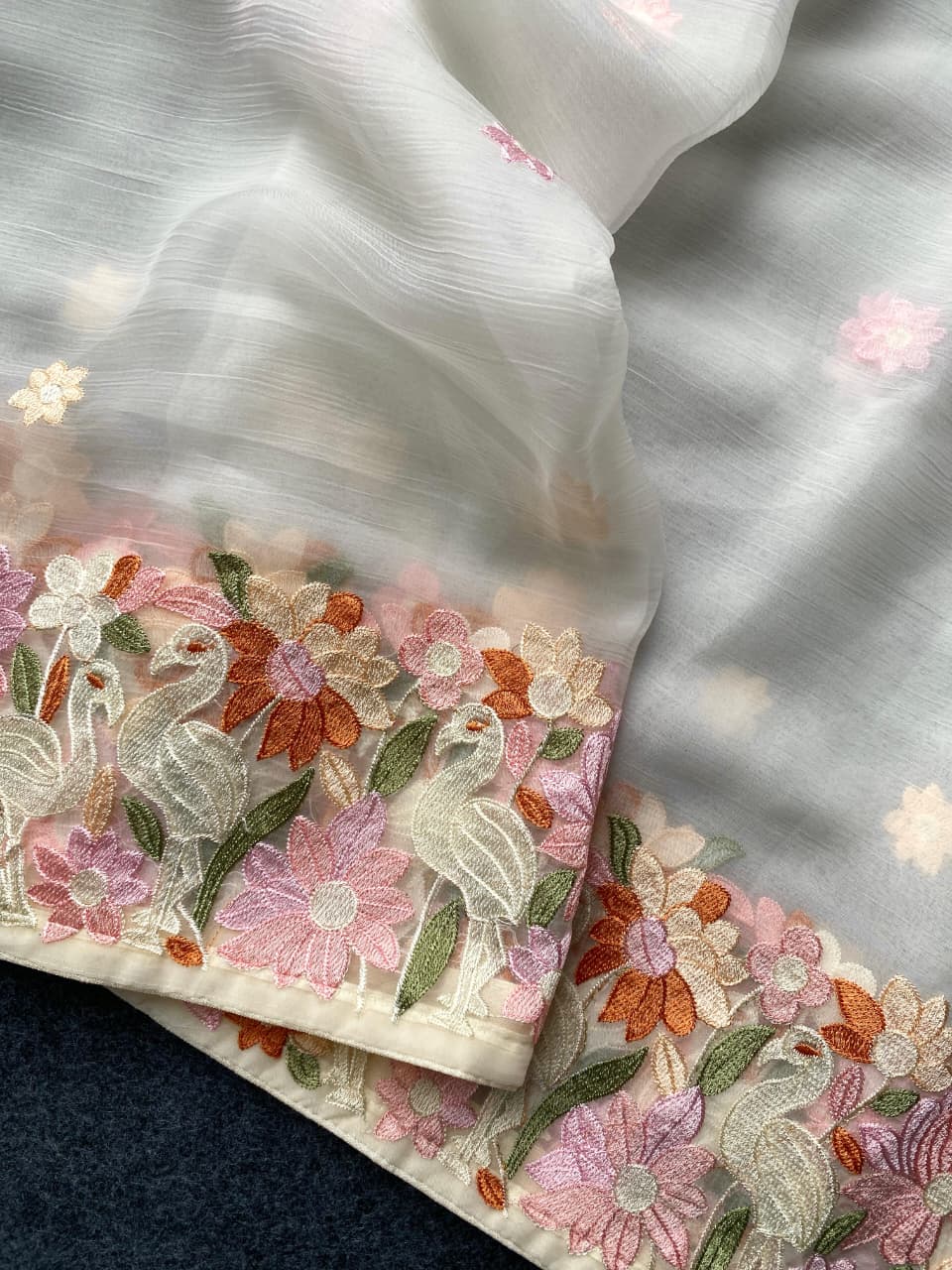 Surpassing Off White Embroidery Work Chiffon Silk Saree With Staring Blouse Piece - Image 5