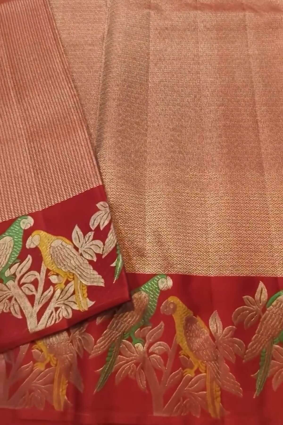 Surpassing Red Pure Zari Weaving Banarasi Silk Saree With Efflorescence Blouse Piece - Image 2