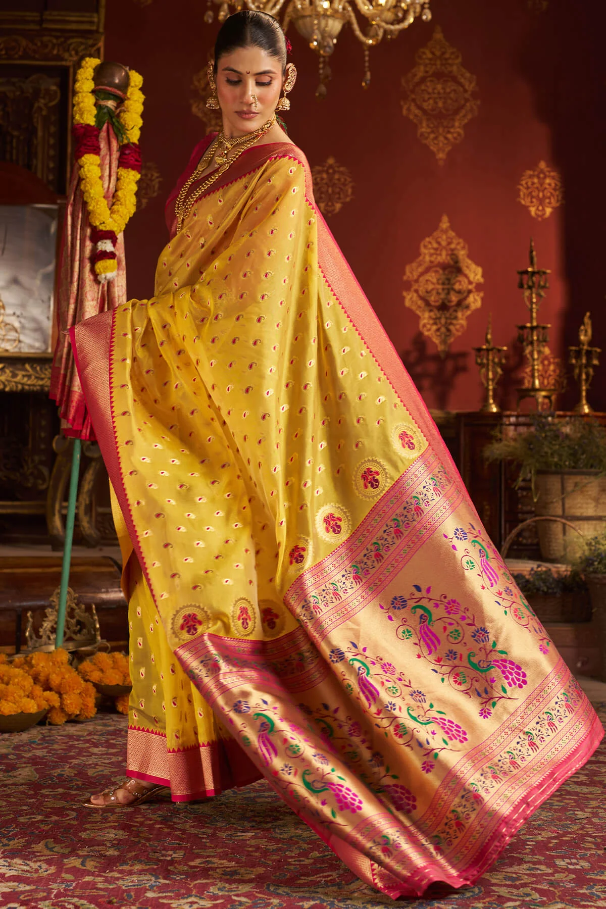 Surpassing Yellow Organza Paithani Silk Saree With Sensational Blouse Piece - Image 3
