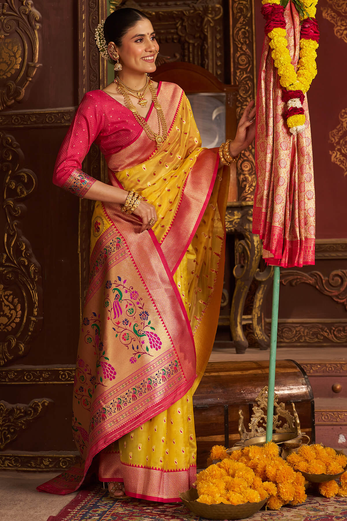 Surpassing Yellow Organza Paithani Silk Saree With Sensational Blouse Piece - Image 4
