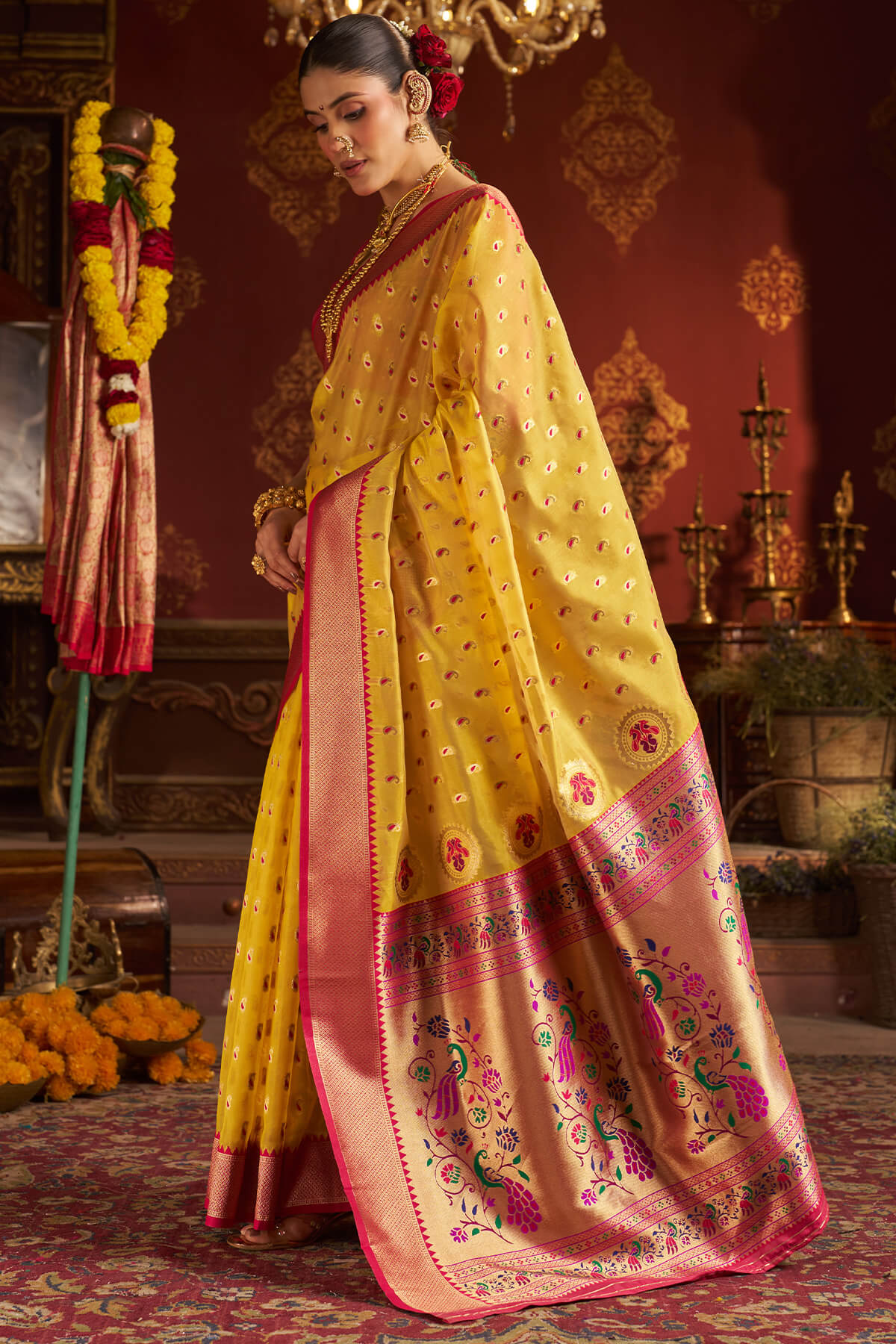 Surpassing Yellow Organza Paithani Silk Saree With Sensational Blouse Piece - Image 5