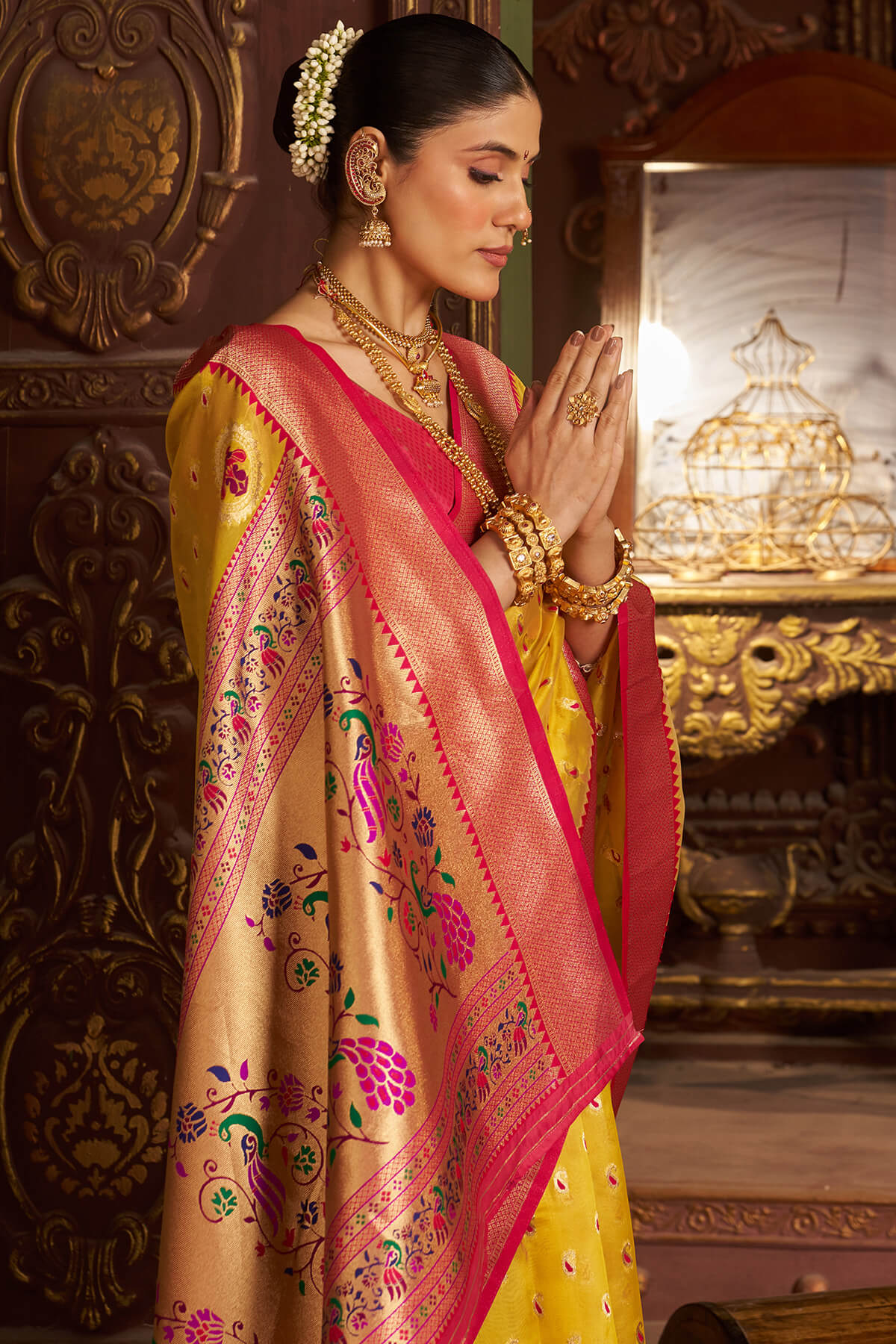 Surpassing Yellow Organza Paithani Silk Saree With Sensational Blouse Piece - Image 6