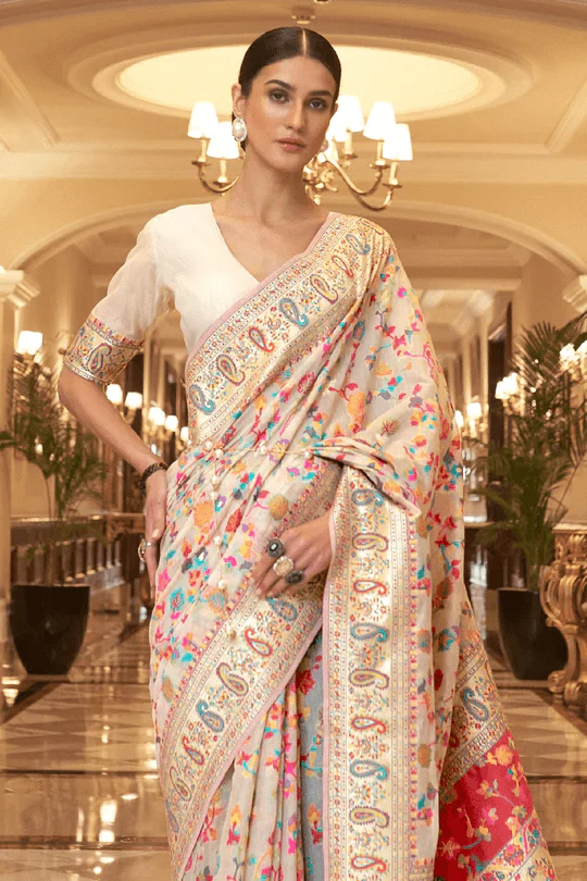 Surreptitious Beige Pashmina saree With Panoply Blouse Piece - Image 3