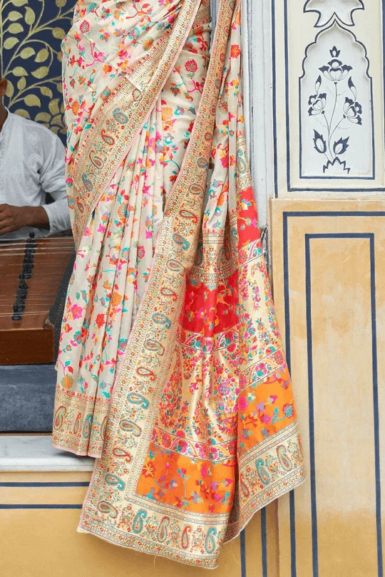 Surreptitious Beige Pashmina saree With Panoply Blouse Piece - Image 7