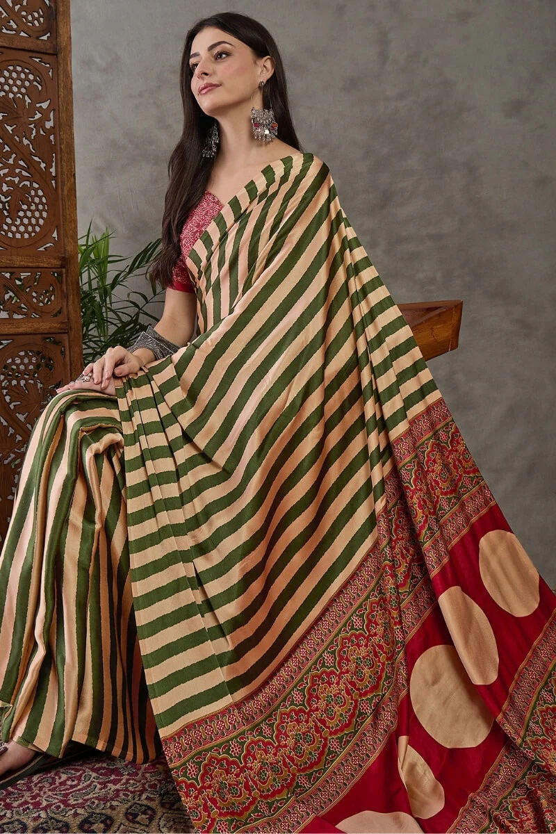 Surreptitious Green Ajrakh Printed Semi Modal Silk Saree With Pleasant Blouse Piece - Image 6