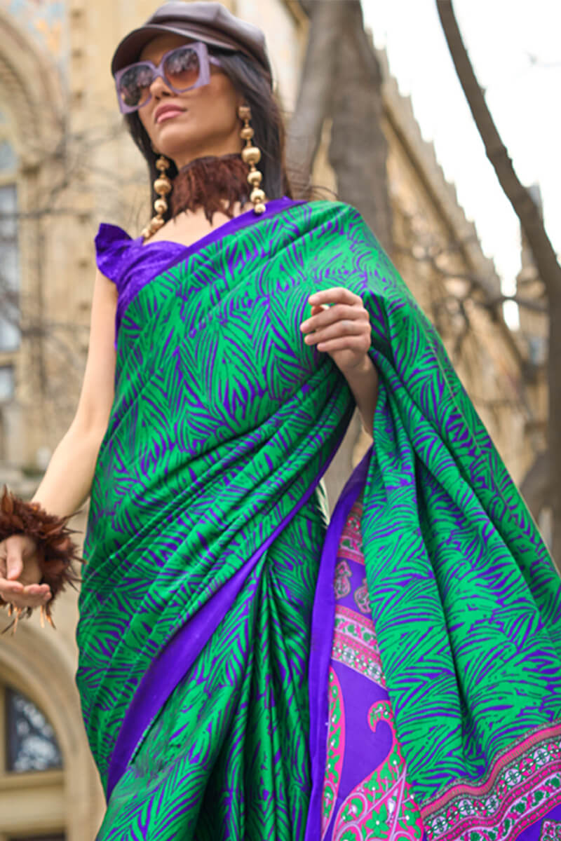 Surreptitious Green and Purple Digital Printed Satin Silk Saree With Denouement Blouse Piece - Image 2