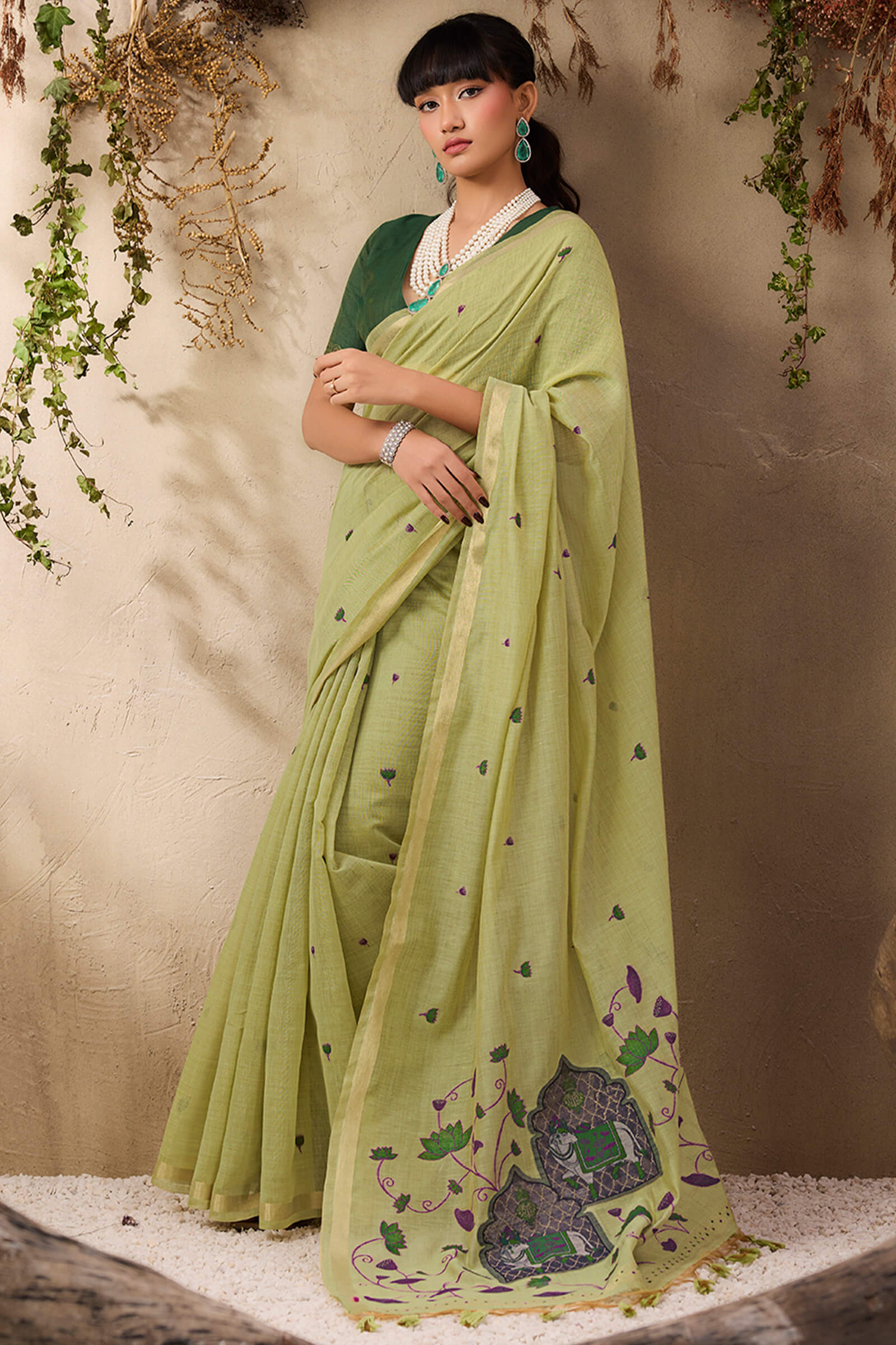 Surreptitious Green Cotton Silk Saree With Ephemeral Blouse Piece - Image 3