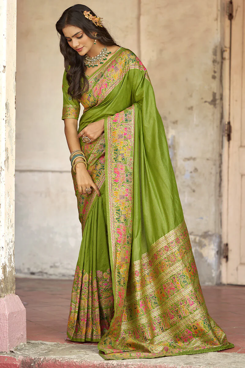 Surreptitious Green Pashmina Saree With Inspiring Blouse Piece - Image 3