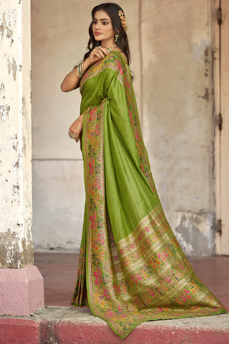 Surreptitious Green Pashmina Saree With Inspiring Blouse Piece - Image 5