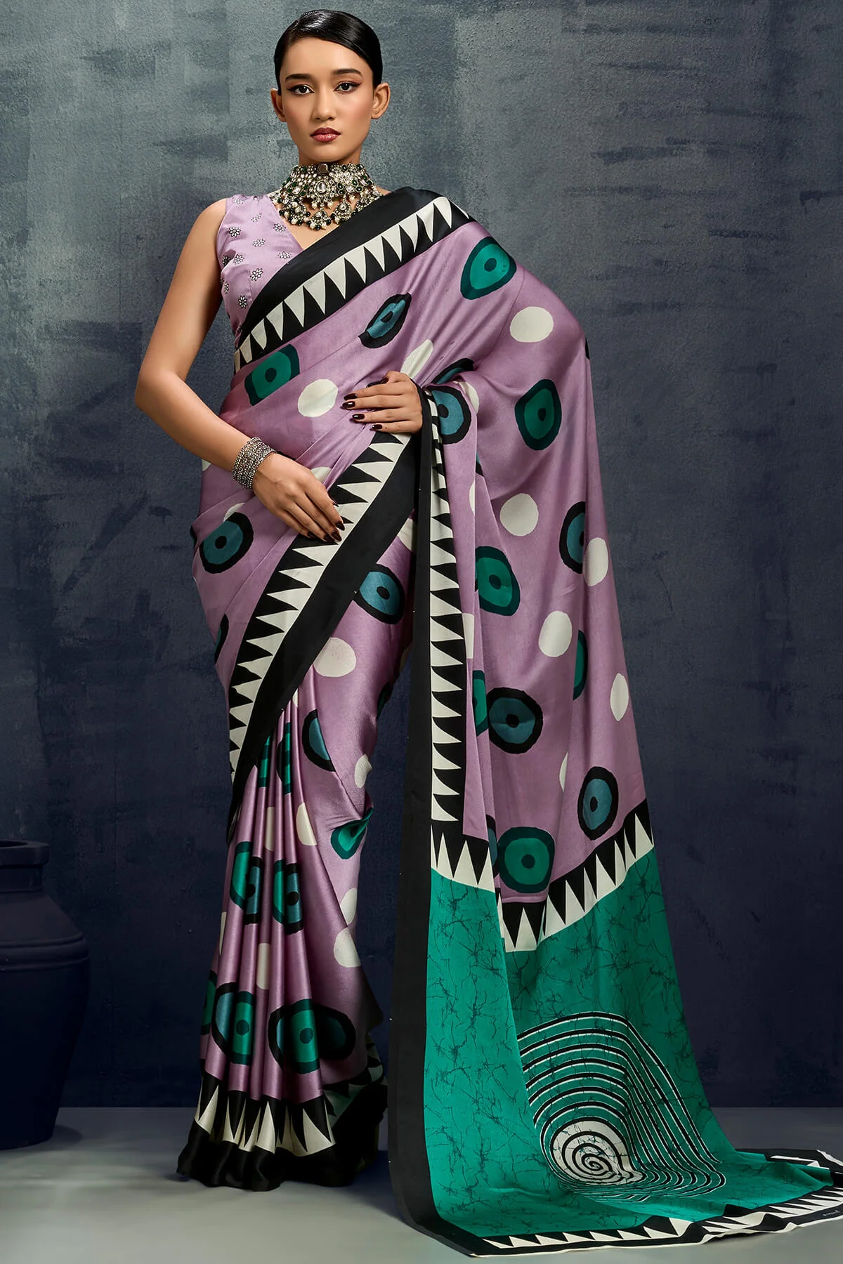 Surreptitious Lavender Ajrakh Printed Satin Silk Saree With Fugacious Blouse Piece