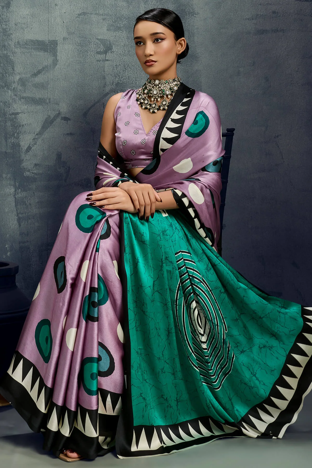 Surreptitious Lavender Ajrakh Printed Satin Silk Saree With Fugacious Blouse Piece - Image 3