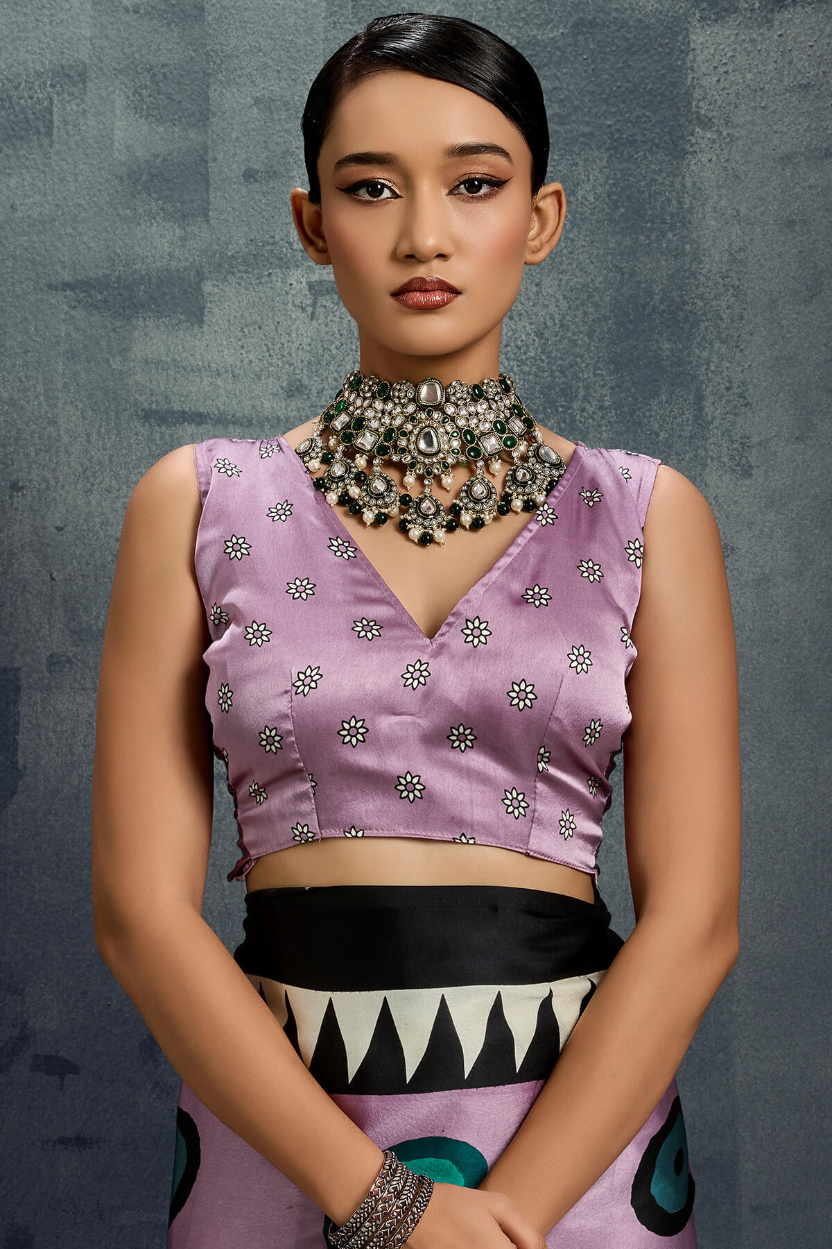 Surreptitious Lavender Ajrakh Printed Satin Silk Saree With Fugacious Blouse Piece - Image 4