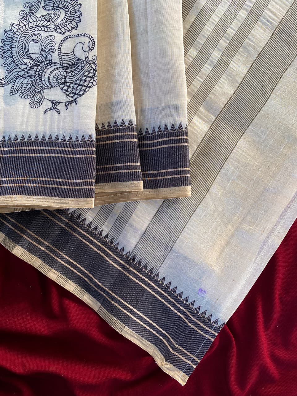 Surreptitious Off White Embroidery Work Tussar Silk Saree With Comely Blouse Piece - Image 3