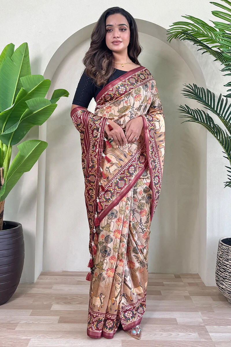 Susurrous Brown Kalamkari Printed Viscose Dola Silk Saree With Pleasurable Blouse Piece - Image 3