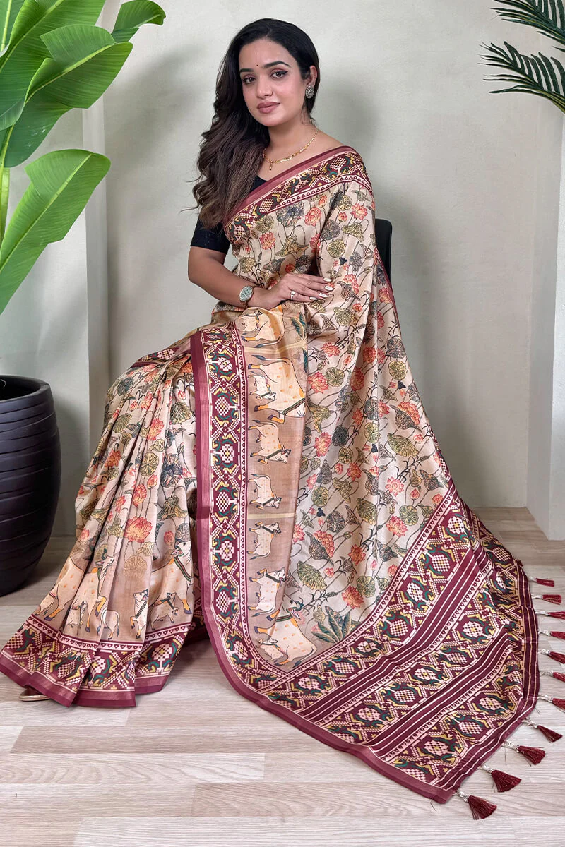 Susurrous Brown Kalamkari Printed Viscose Dola Silk Saree With Pleasurable Blouse Piece - Image 4