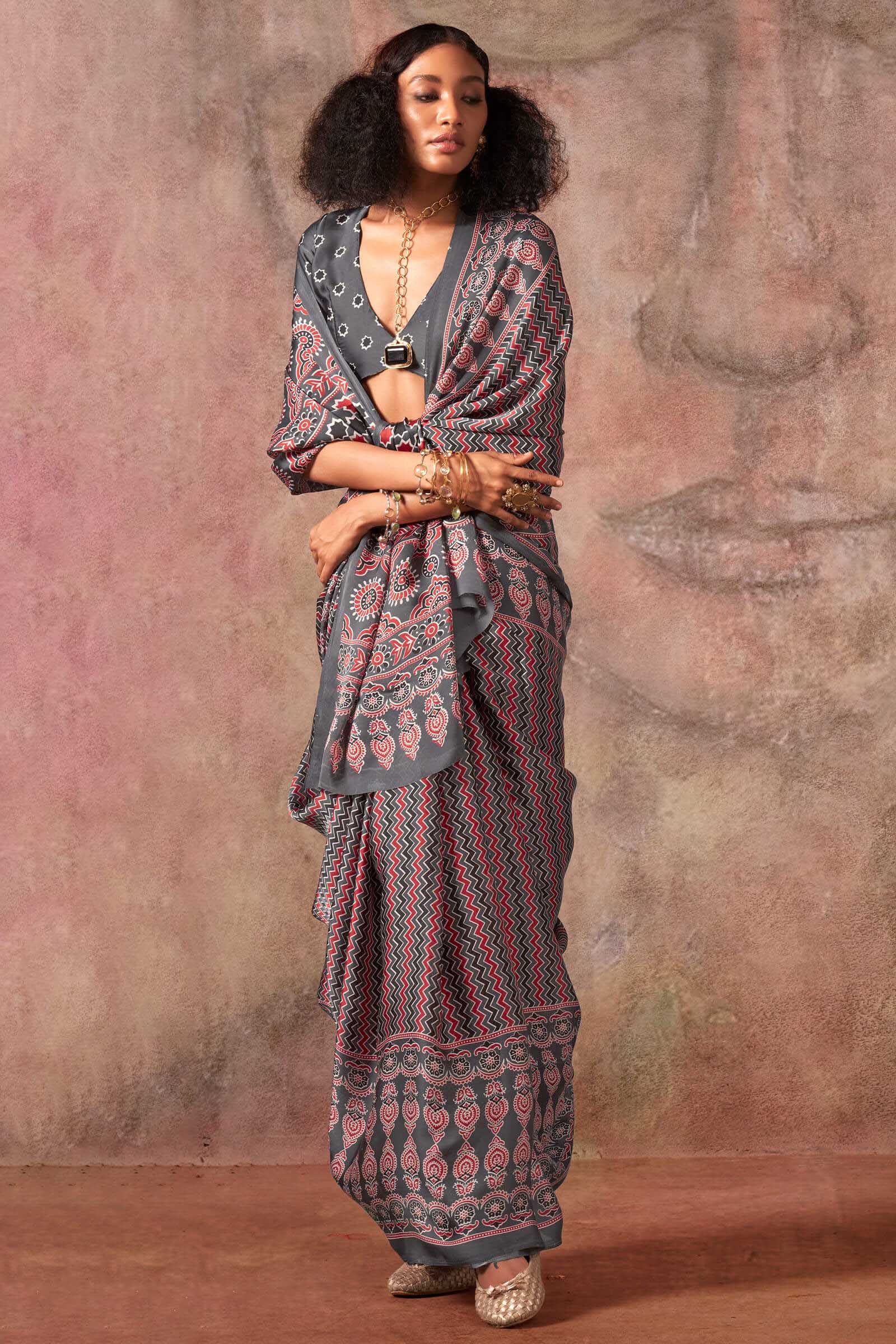 Susurrous Grey Ajrakh Printed Satin Silk Saree With Blissful Blouse Piece - Image 2
