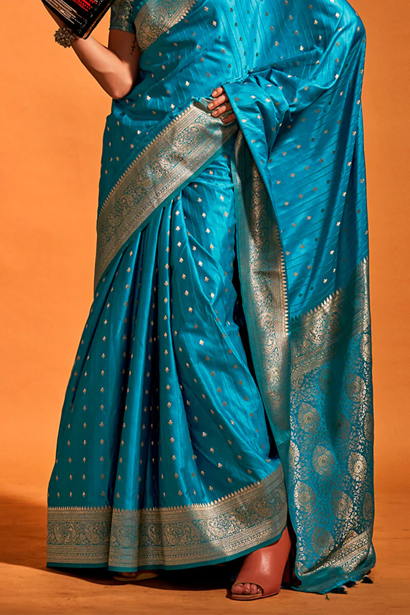 Susurrous Teal Blue Soft Banarasi Silk Saree With Embellished Blouse Piece - Image 3