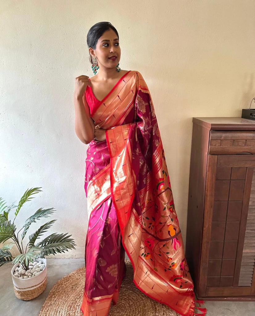 Symmetrical Dark Pink Paithani Silk Saree With Epiphany Blouse Piece - Image 3