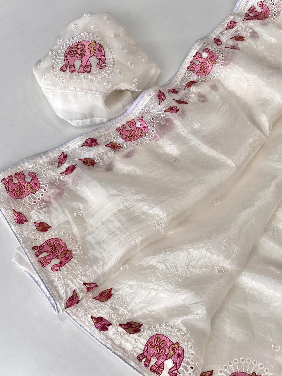 Symmetrical Off White Embroidery Work Crush Silk Saree With Imaginative Blouse Piece - Image 2
