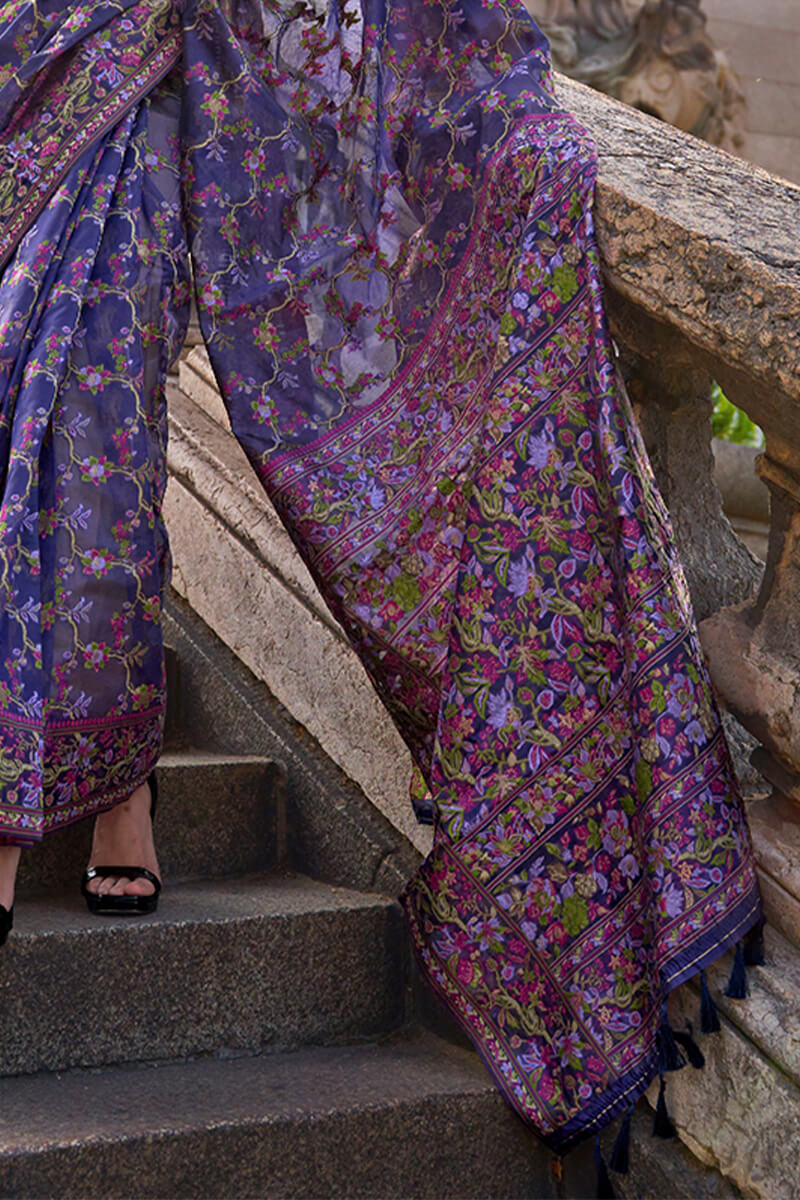 Symmetrical Royal Blue Pashmina saree With Delectable Blouse Piece - Image 3