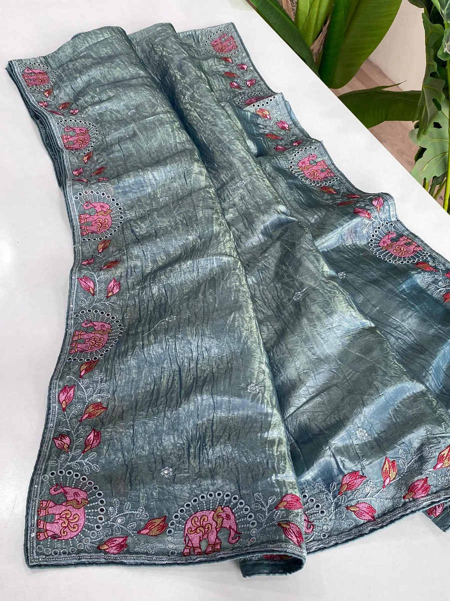 Symmetrical Teal Blue Embroidery Work Crush Silk Saree With Imaginative Blouse Piece