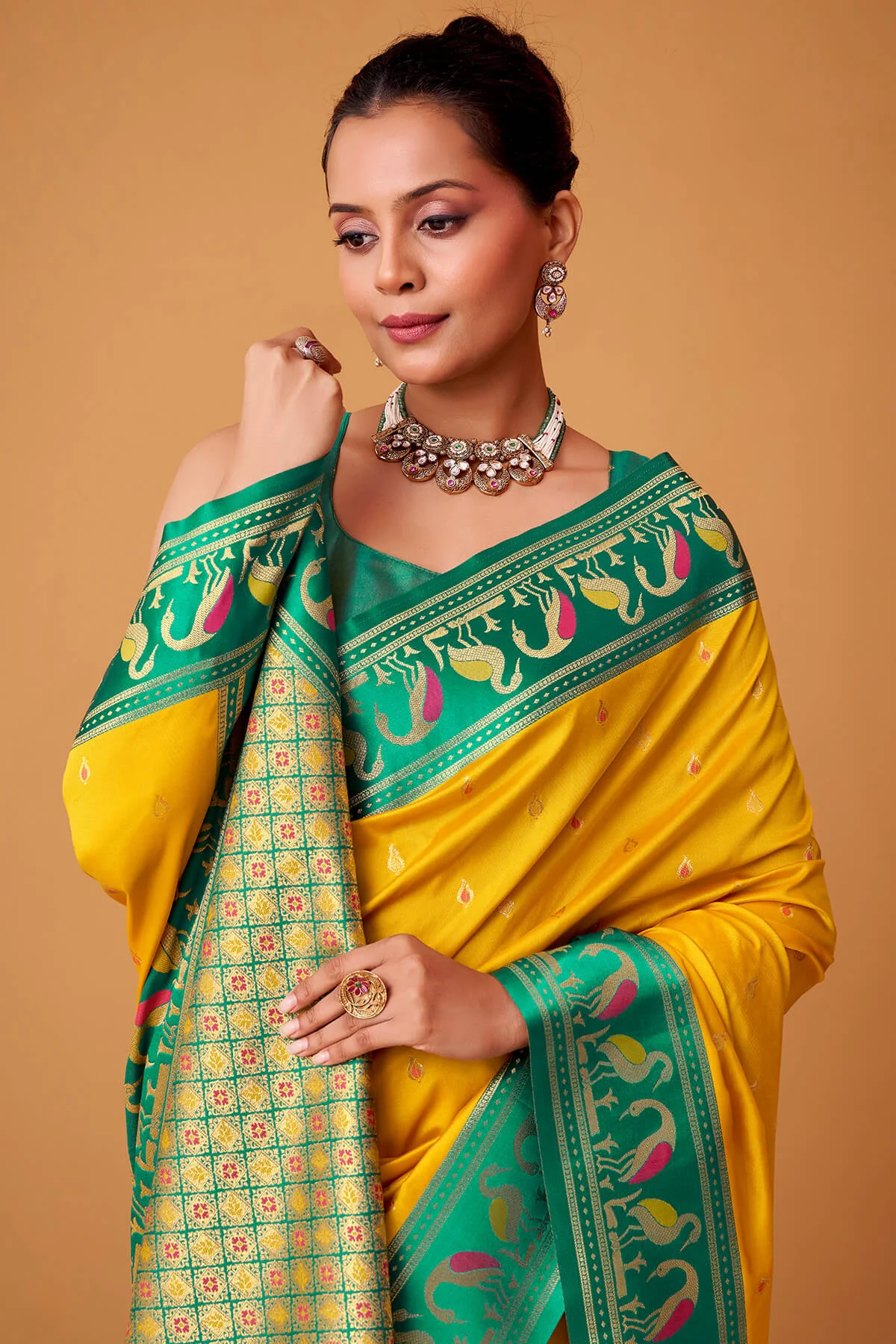 Symmetrical Yellow Banarasi Satin Silk Saree With Desuetude Blouse - Image 2