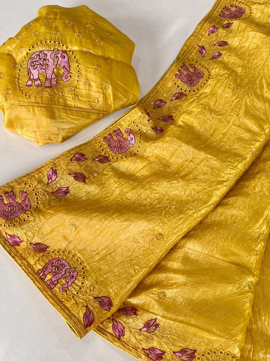 Symmetrical Yellow Embroidery Work Crush Silk Saree With Imaginative Blouse Piece - Image 2