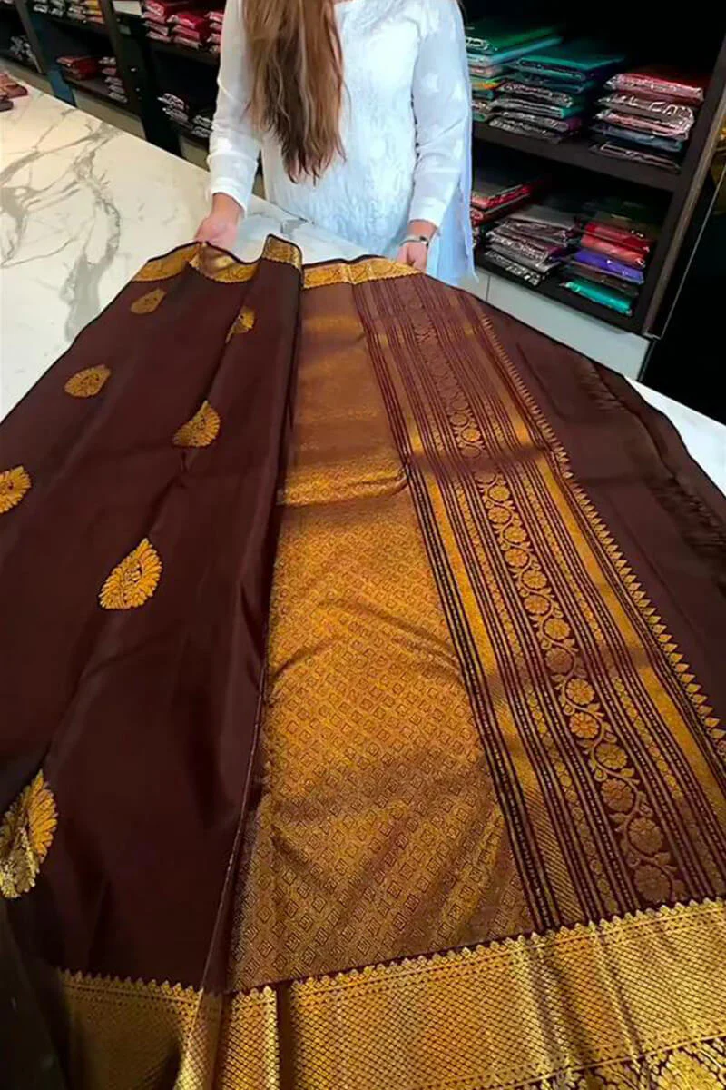 Tantalizing Brown Soft Banarasi Silk Saree With Prominent Blouse Piece - Image 3