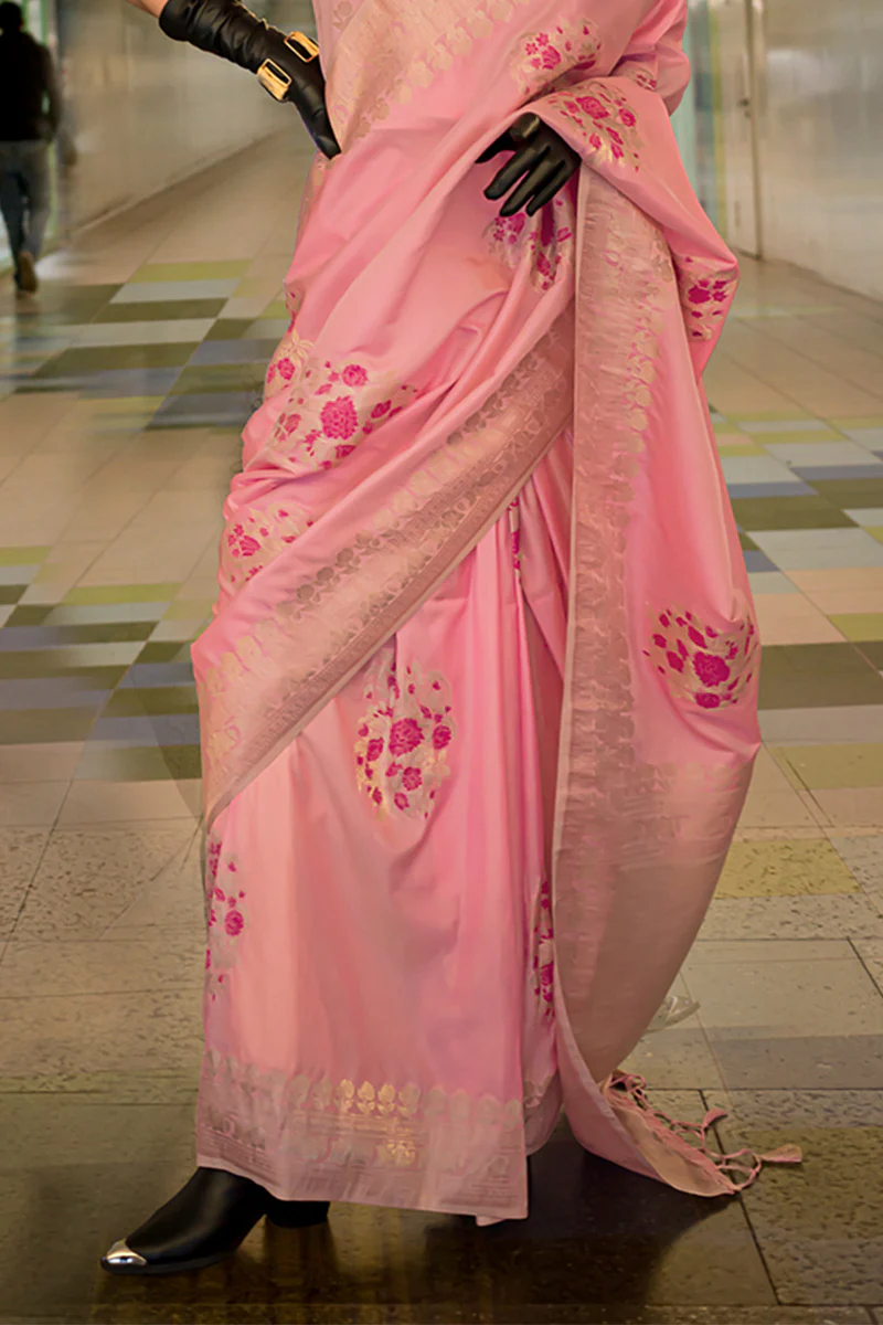 Tantalizing Pink Soft Banarasi Silk Saree With Eclat Blouse Piece - Image 3
