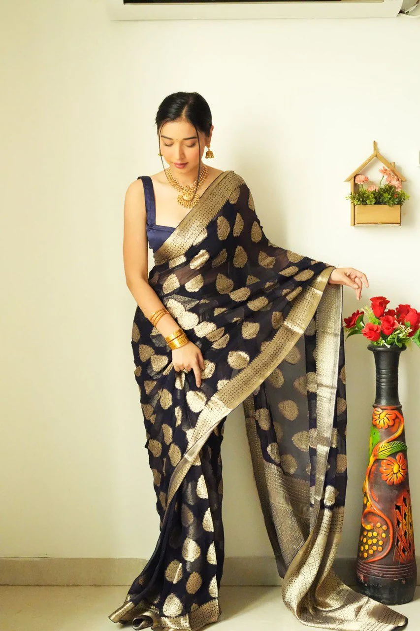 Tempting 1-Minute Ready To Wear Black Soft Silk Saree - Image 5