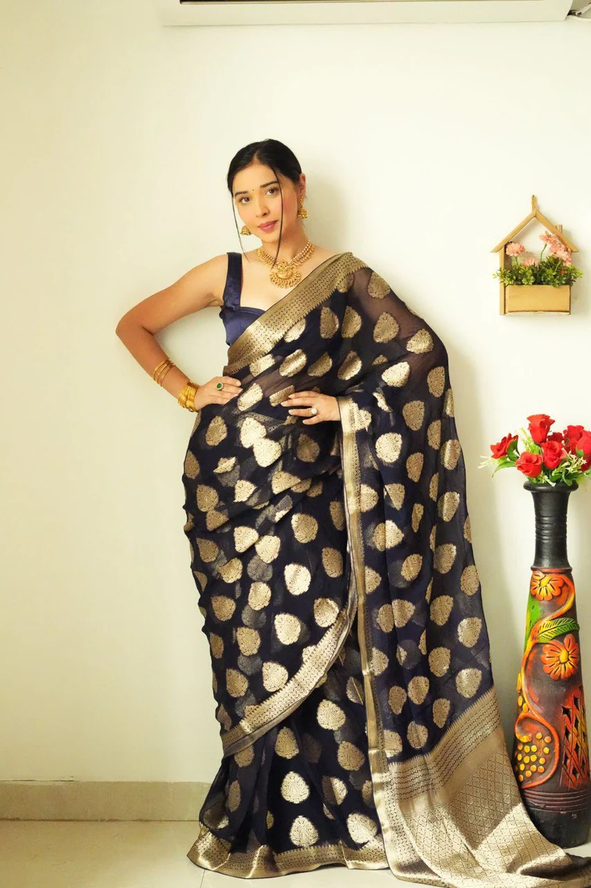 Tempting 1-Minute Ready To Wear Black Soft Silk Saree - Image 6