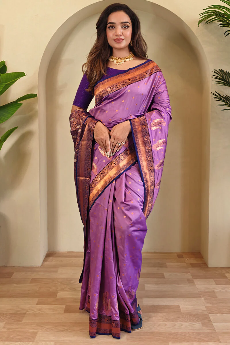 Tempting Lavender Soft Banarasi Silk Saree With Staggering Blouse Piece - Image 3